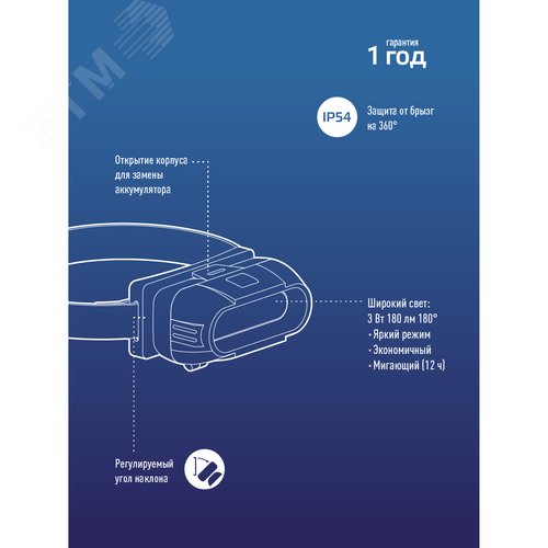 Фонарь налобный аккумуляторныйуляторный 3Вт COB LED съемный Li-ion 18650 800mAh ABS-пластик USB-шнур typeC - фото 8