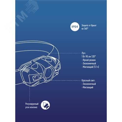 Фонарь налобный 1ВтLED+красный свет/1xAA R6 в комплекте/корпус ABS-пластик - фото 8