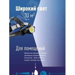 Фонарь налобный аккумуляторный, 3Вт XPE, 5Вт COB, 1200Mah LI-On, подзарядка Micro USB - фото 4