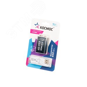 Изображение товара Аккумулятор 18650 Li-ion перезаряжаемый 9V Крона 500 мАч зарядка от USB Type-C с кабелем для быстрой зарядки блистер 1 штуки (шт)