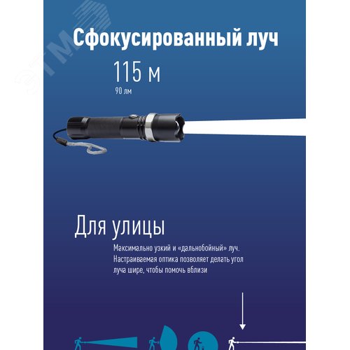 Фонарь ручной аккумуляторный 3Вт LED/линза/зум/Li-ion18650 1200mAh/анодир алюминий/USB-шнур - фото 3