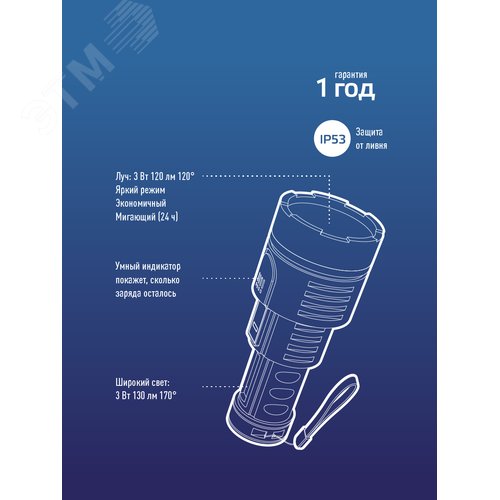 Фонарь ручной аккумуляторныйуляторный 3Вт LED+3ВтCOB Li-ion 18650 1200mAh ABS-пластик индикатор USB-шнур - фото 8