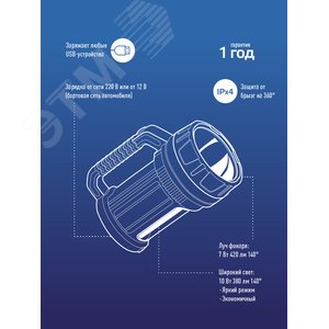 Фонарь-прожектор аккумуляторный, 7W LED + 20 SMD x 0,5 WLED, аккум. 4V 4Ah, 420Лм - 6 часов, 380Лм - 10 часа - фото 9