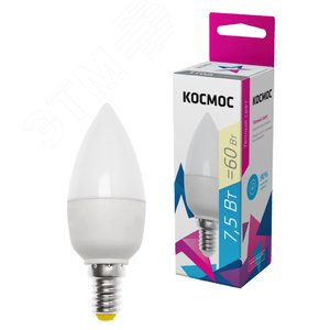 Лампа светодиодная LED 7.5Вт Свеча 220В Е14 D37х100 3000К теплый 600 лм - фото 2