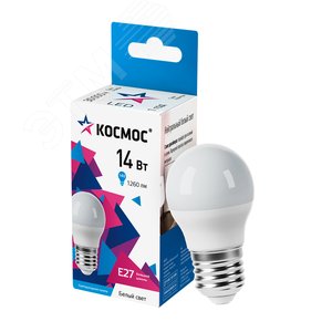 Изображение товара Лампа светодиодная LED 14Вт Шар 220В Е27 D45х80 4500К белый 1260 лм (шт)