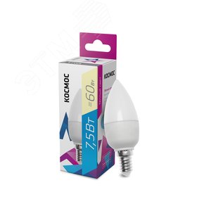 Лампа светодиодная LED 7.5Вт Свеча 220В Е14 D37х100 3000К теплый 600 лм - фото 1