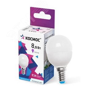 Изображение товара Лампа светодиодная LED 8.5Вт Шар 220В Е14 D45х82 6500К холодный 720 лм (шт)