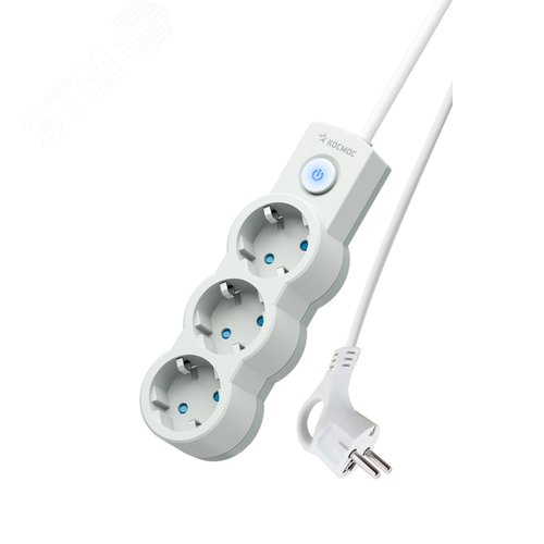 Изображение товара Удлинитель 1.5м, ПВС 3х0.7, 3 гнезда, заземление, выключатель 10А белый (шт)