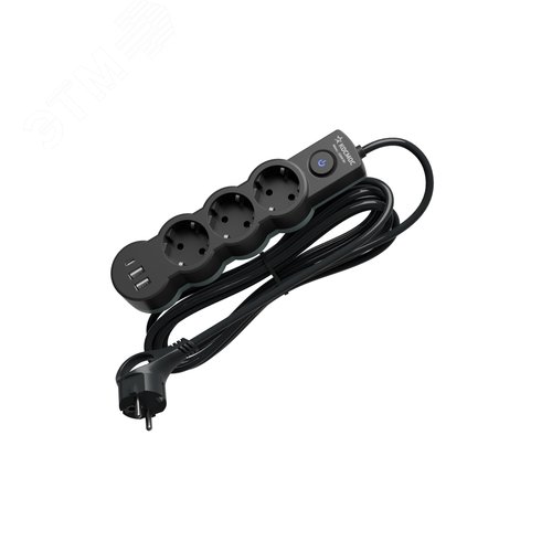 Изображение товара Удлинитель 3м. ПВС 3х1. 3 гнезда. зазем.. выкл. USB. 10А 2800Вт. черный (шт)