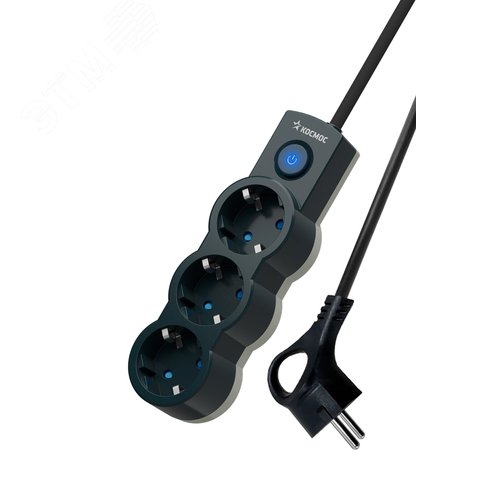 Изображение товара Удлинитель 5м, ПВС 3х0.75 3 гнезда, заземление, выключатель 10А черный (шт)