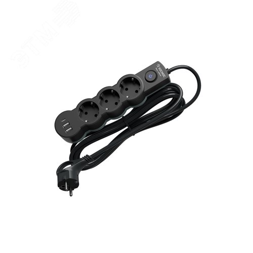 Изображение товара Удлинитель 5м. ПВС 3х1. 3 гнезда. зазем.. выкл. USB. 10А 2800Вт. черный (шт)