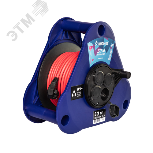 Изображение товара Удлинитель (катушка-треуг) 16А 3500Вт 4 гн ПВС 2x2,5 (30м) IP44 УКП (шт)