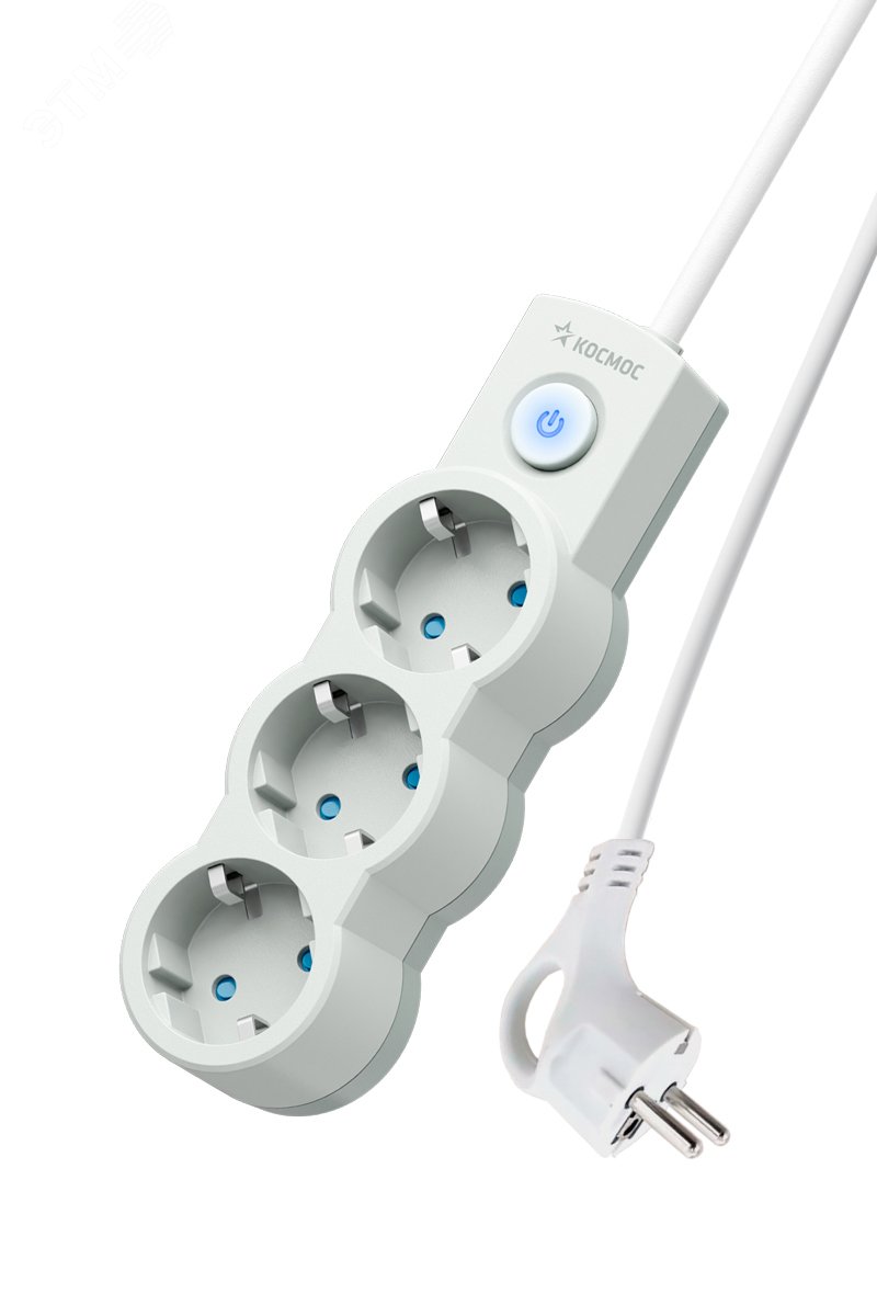 Изображение товара Удлинитель бытовой 3м 3 гнезда с заземлением и выключателем 10А белый