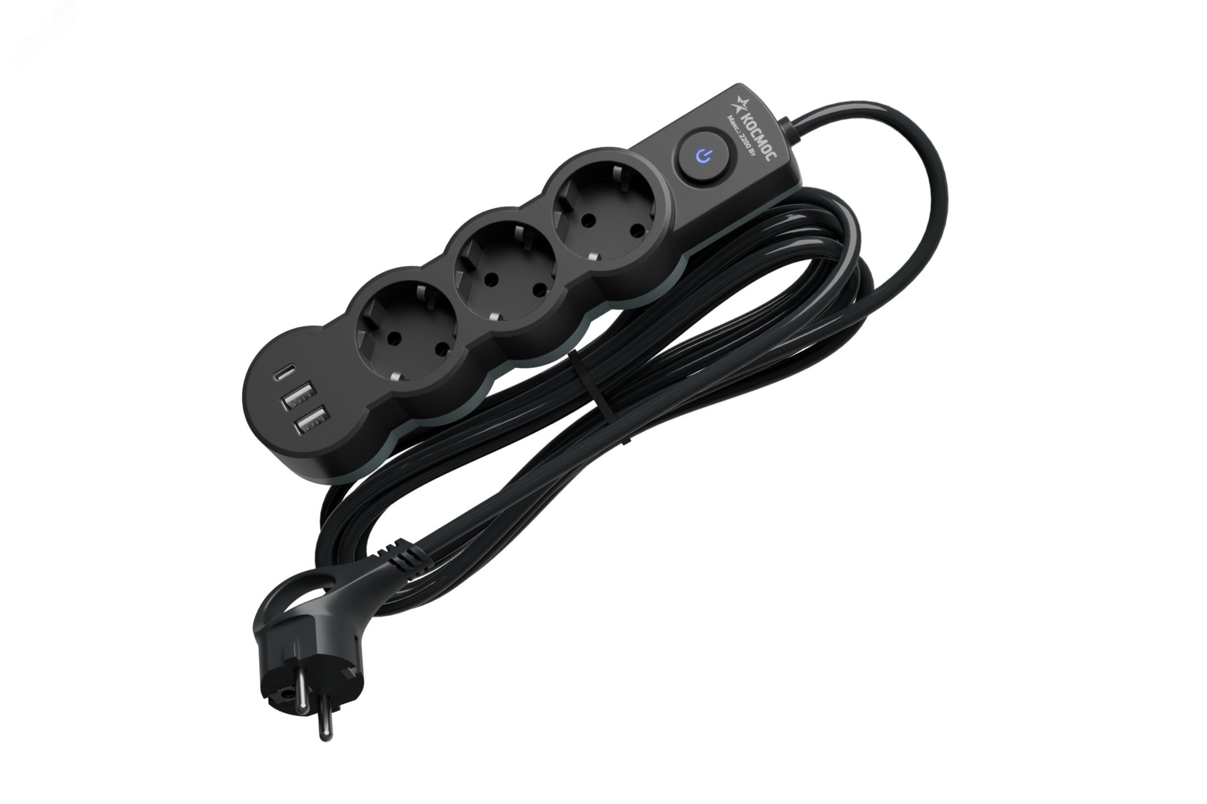 Изображение товара Удлинитель 3м. ПВС 3х1. 3 гнезда. зазем.. выкл. USB. 10А 2800Вт. черный (шт) Изображение товара Удлинитель 3м. ПВС 3х1. 3 гнезда. зазем.. выкл. USB. 10А 2800Вт. черный (шт)
