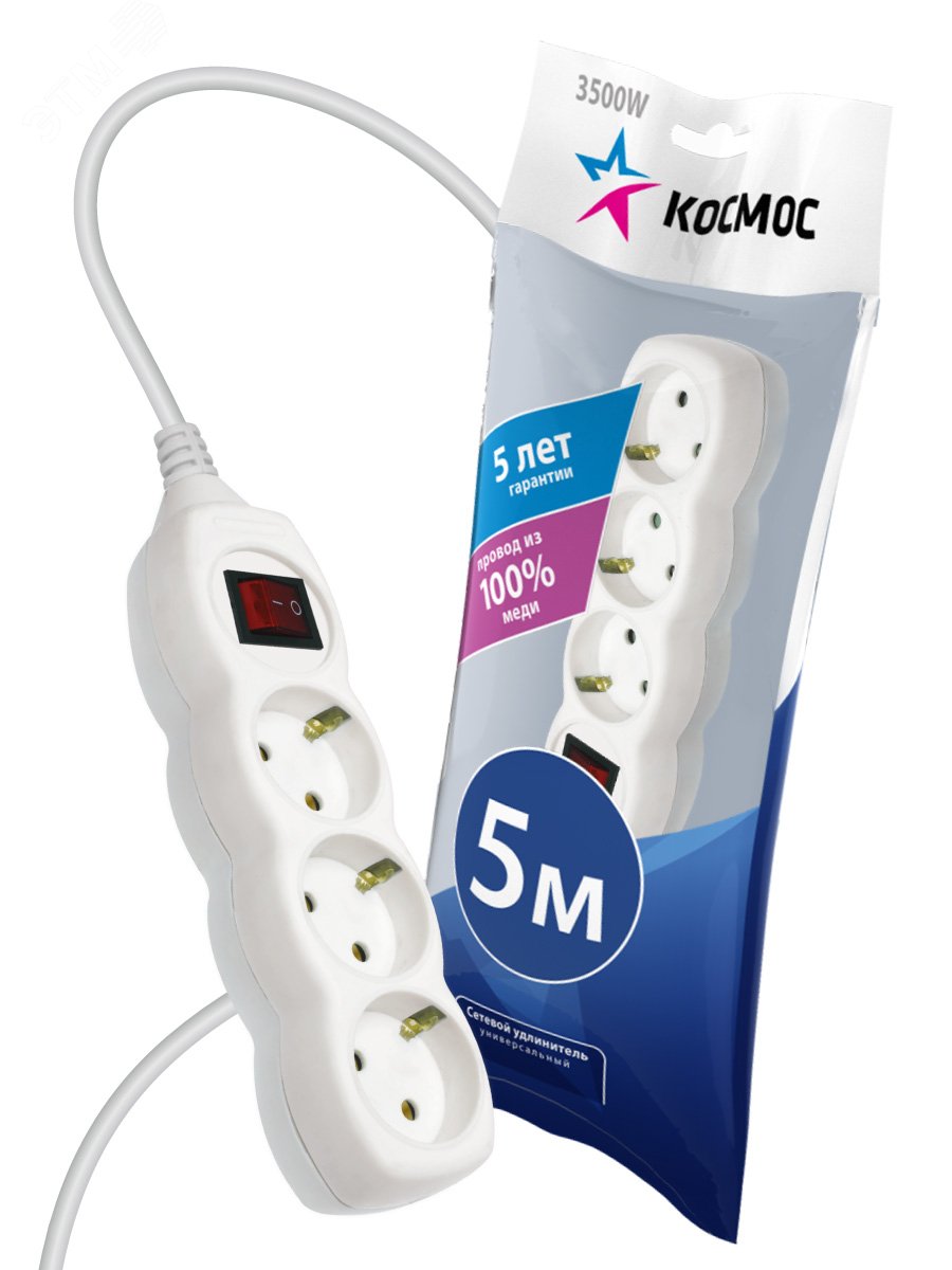 Изображение товара Удлинитель бытовой 5м, 3 гнезда с выключателем Космос