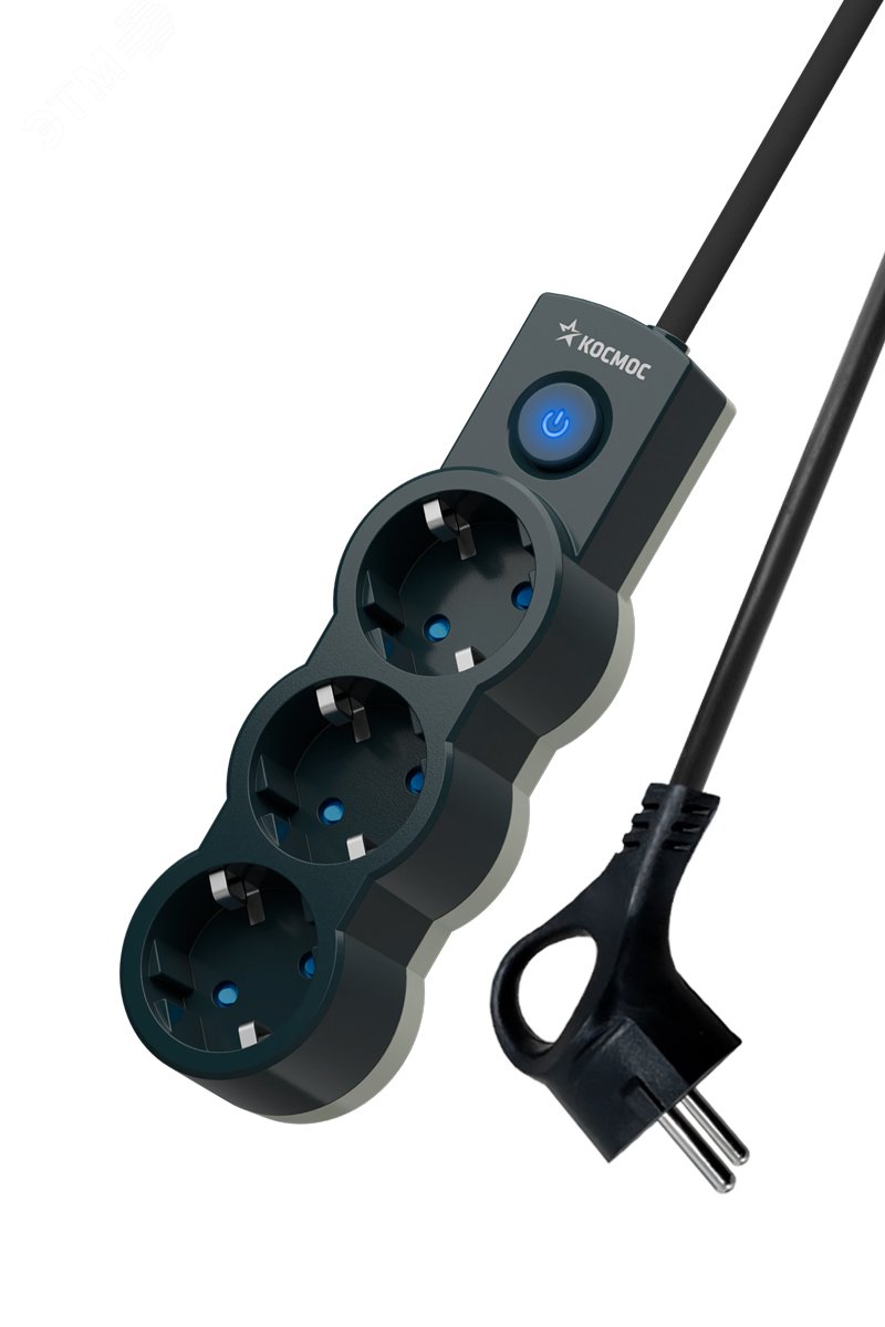 Изображение товара Удлинитель бытовой 5м с 3 гнездами заземлением и выключателем Черный