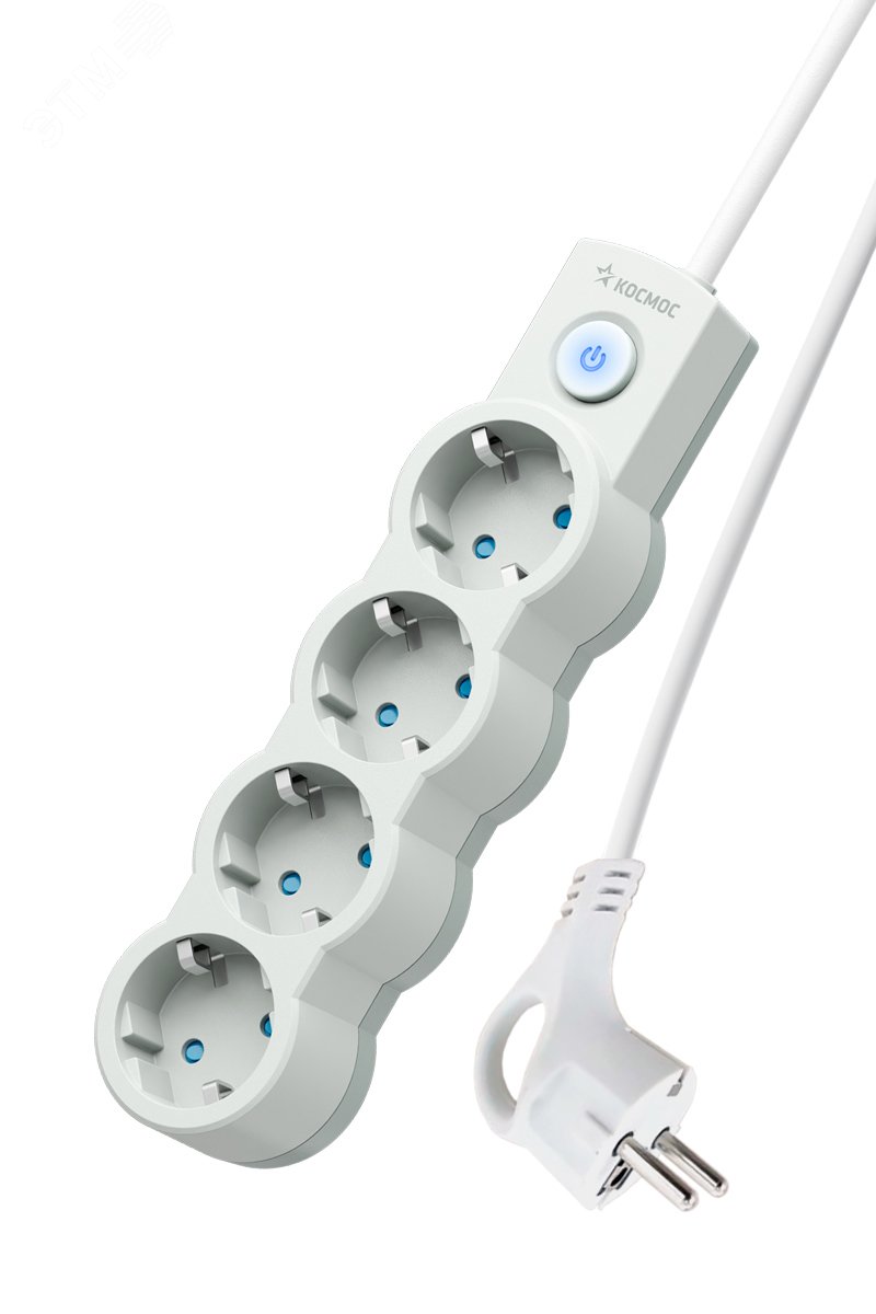 Изображение товара Удлинитель бытовой 4 гнезда 5 м заземление выключатель белый Космос