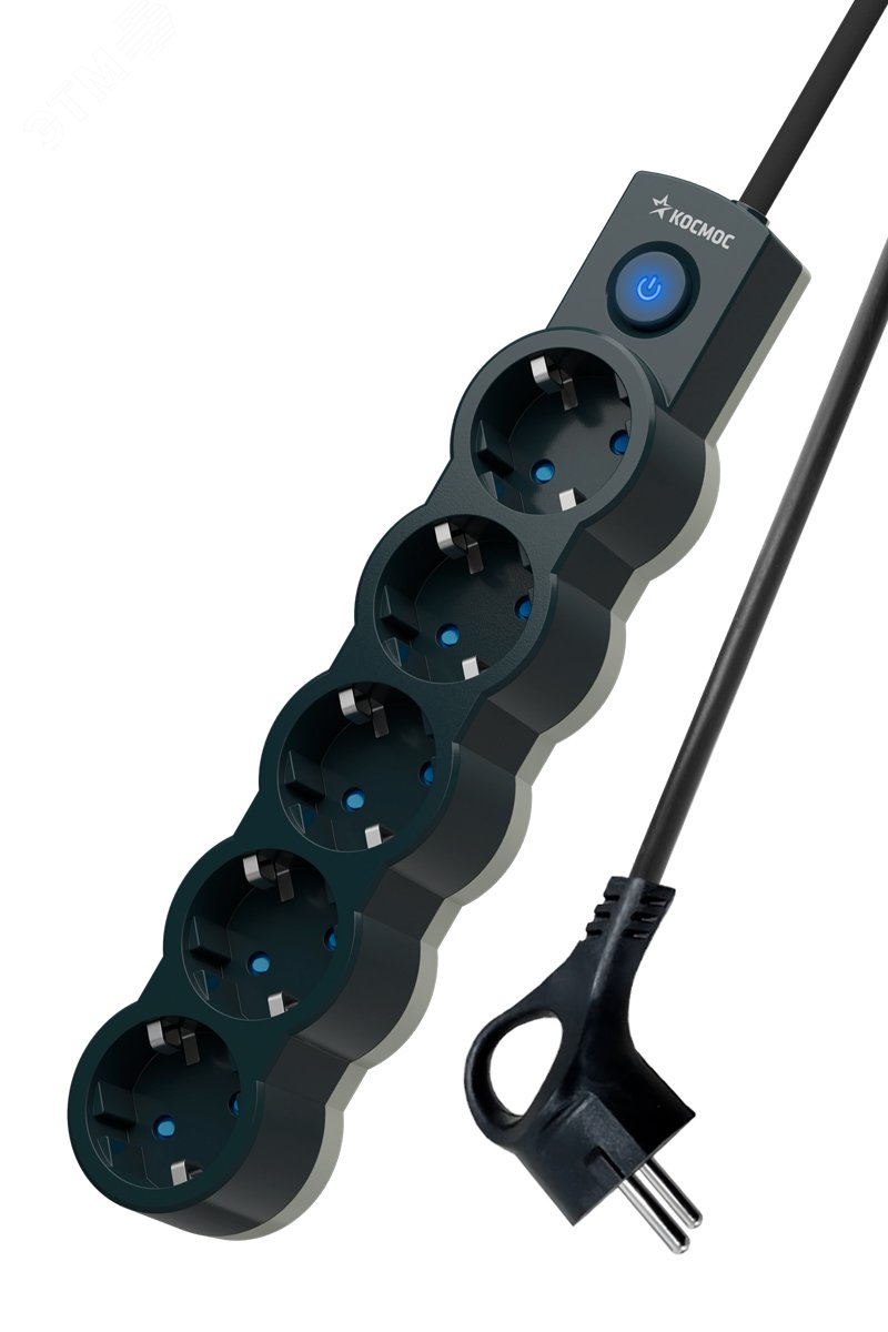 Изображение товара Удлинитель 5м 5 гнезд з заземленням и выключателем ПВС 3х0.75 черный