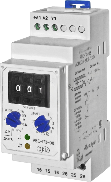 Реле времени РВО-П3-08 ACDC24-240В УХЛ4 многофункциональное, дискретная установка, 2 переключающих контакта