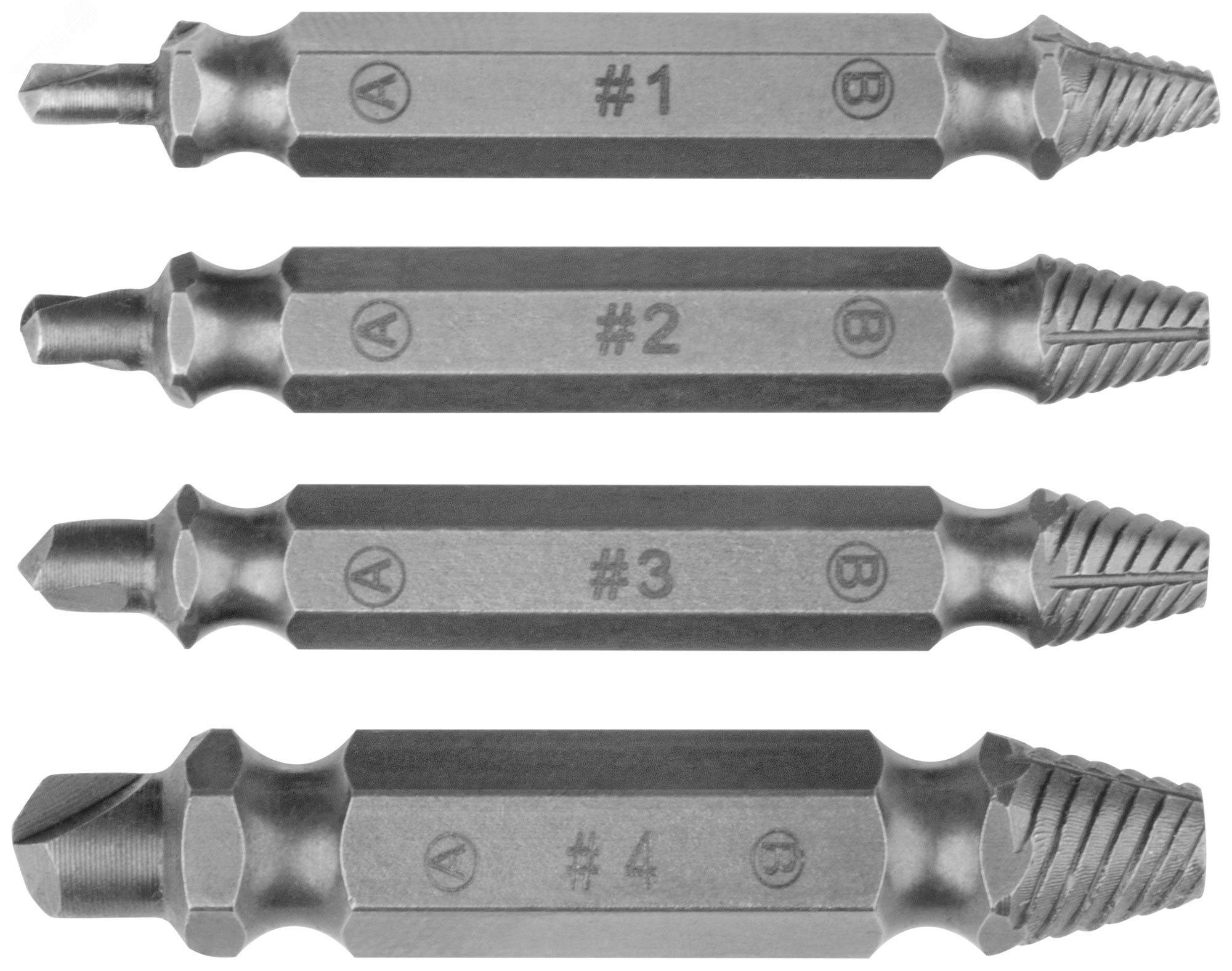 Изображение товара Набор экстракторов двусторонних Профи из стали S2, 4 шт для извлечения поврежденных винтов
