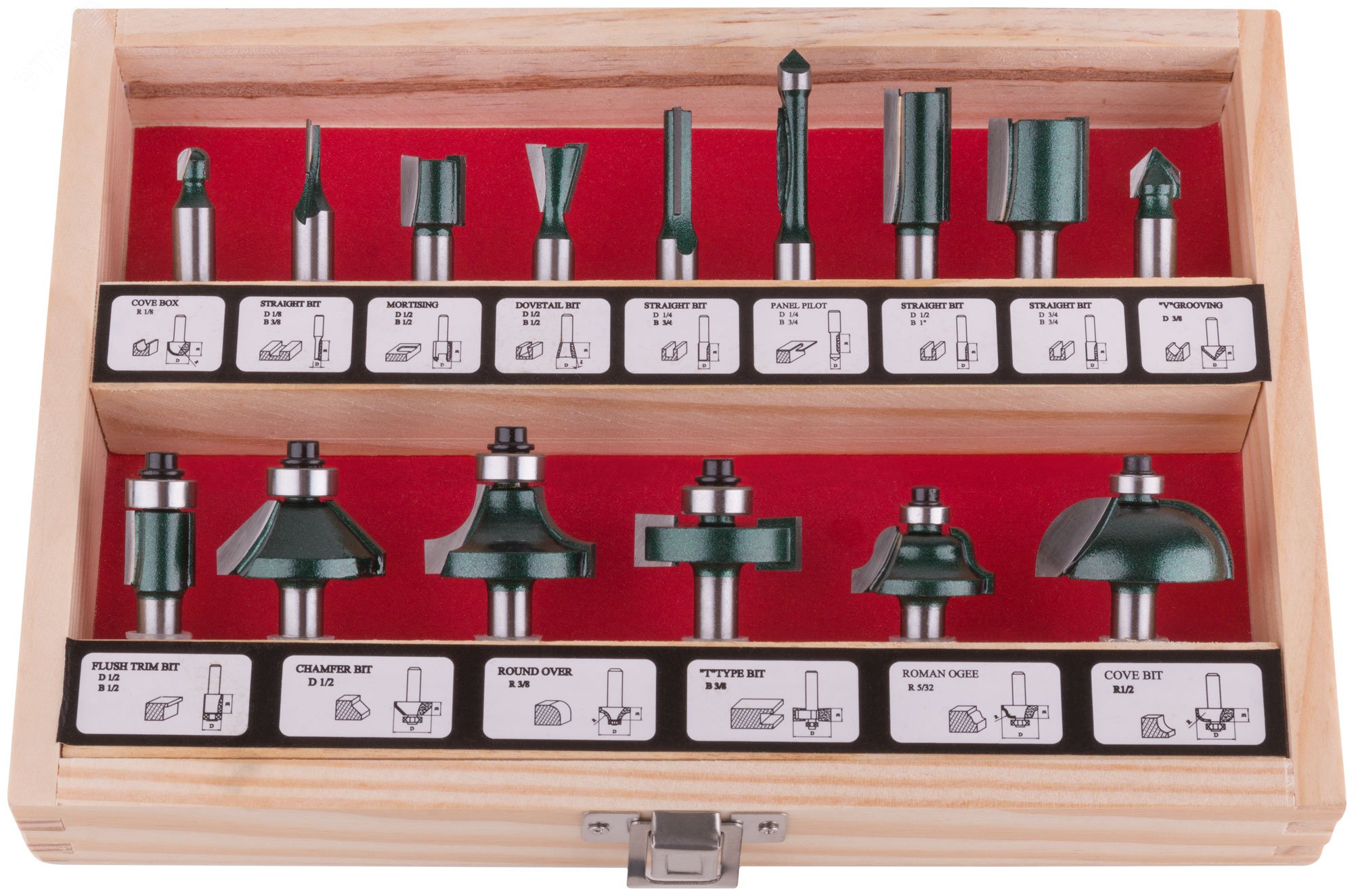 Изображение товара Набор кромочных фрез по дереву 15 шт с деревянной коробкой хвостовик 8 мм