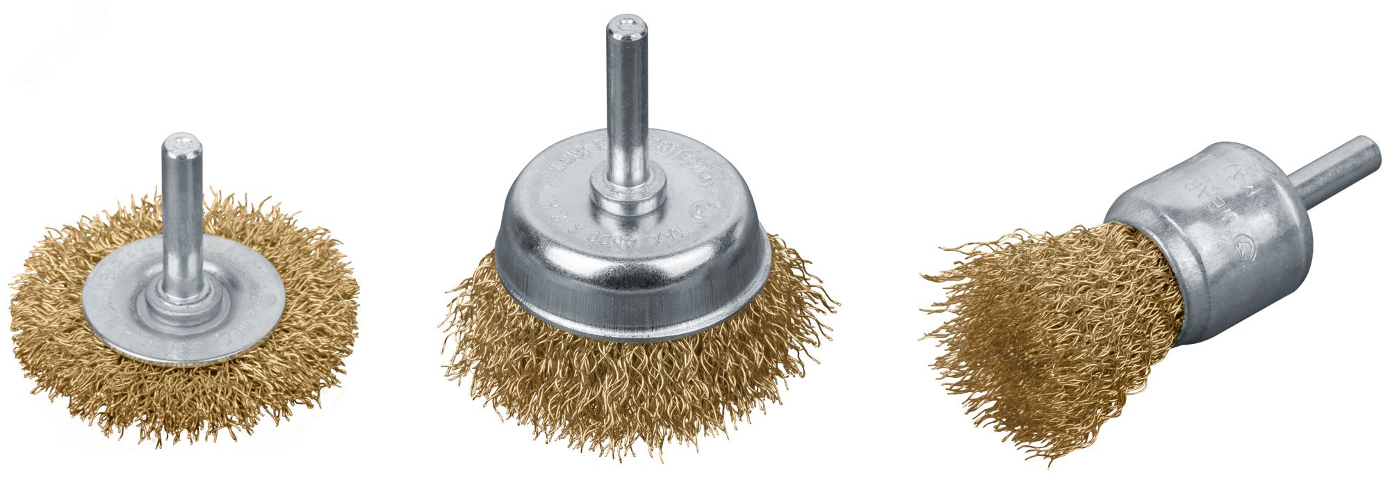 Изображение товара Набор корщеток со штифтом 3 шт для дрели - 50 мм чашка, 50 мм колесо, 25 мм венчик