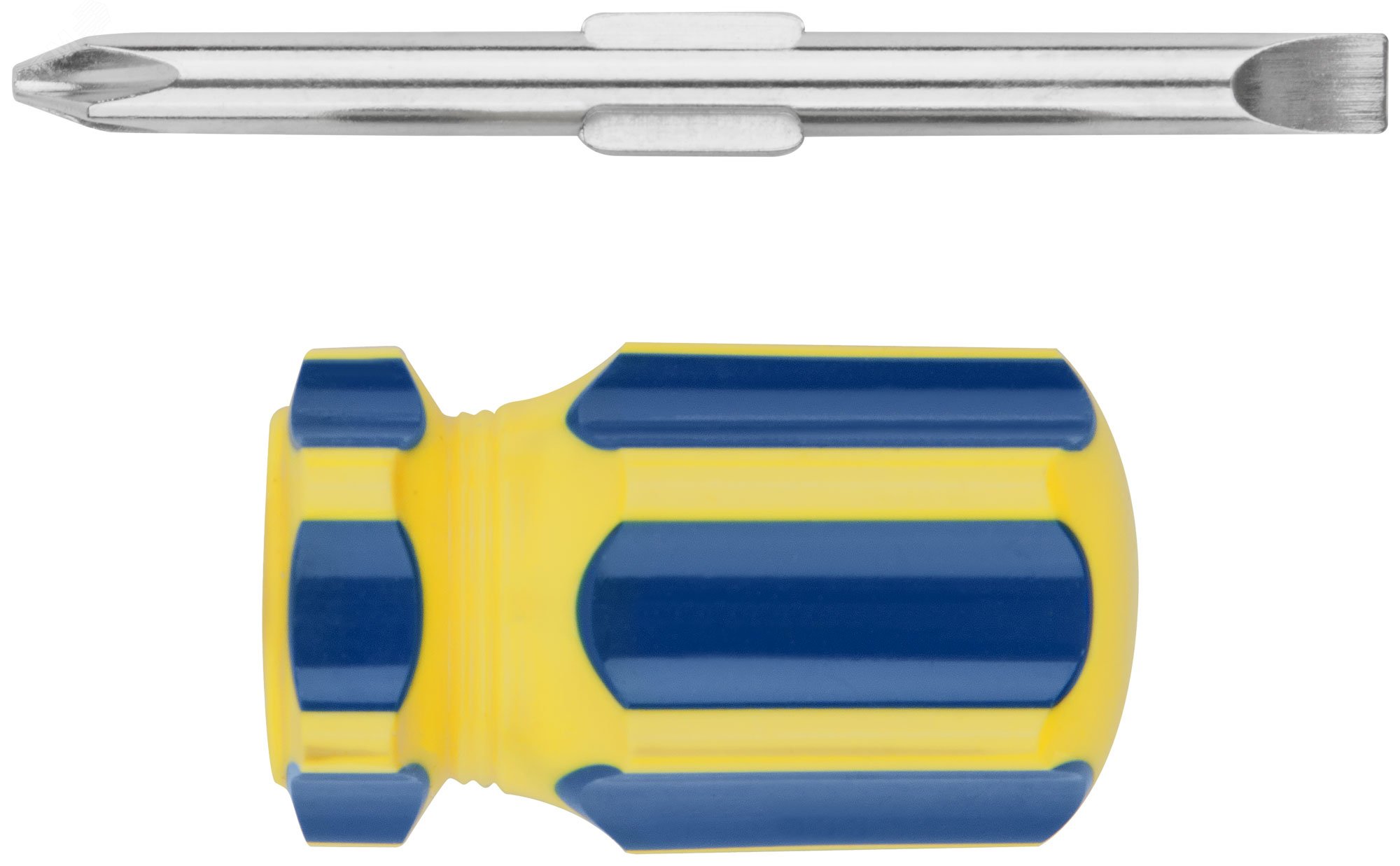 Изображение товара Отвертка с переставным жалом коротыш из CrV стали сине-жёлтая рукоятка 6х32 мм