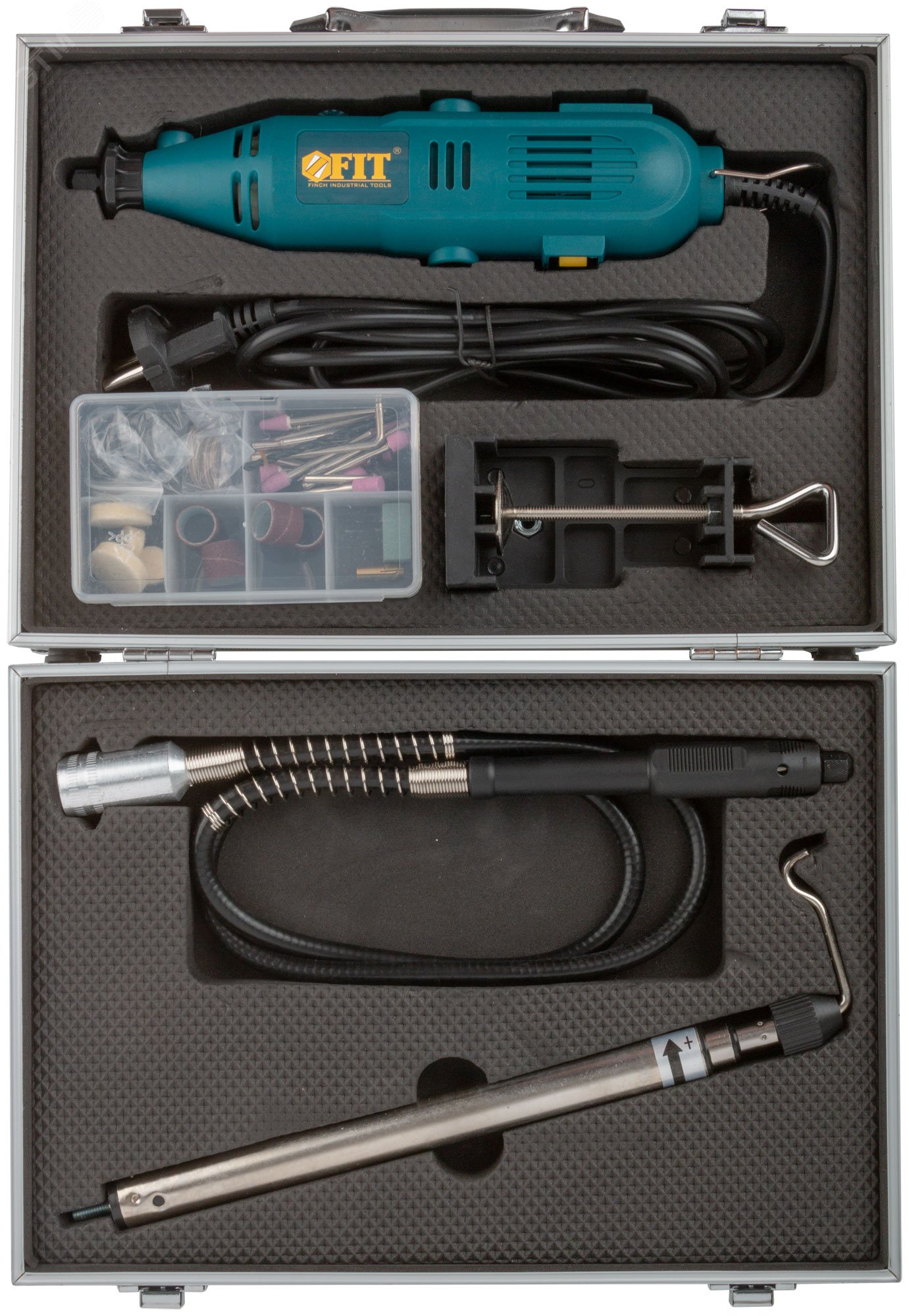 Изображение товара Гравировальная машина 135 Вт, 10000-32000 об/мин, 2.4/3.2 мм, БС щеток, набор насадок , алюмин. кейс (шт)