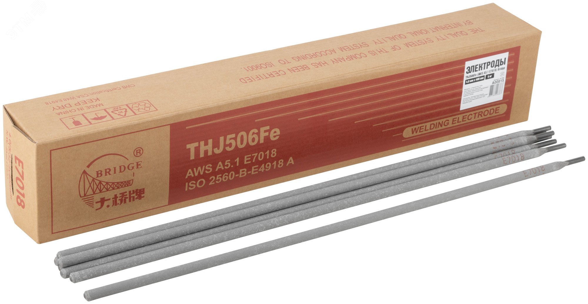 Изображение товара Электроды THJ506Fe Bridge для углеродистых и низколегированных сталей 4мм 400мм коробка 5кг