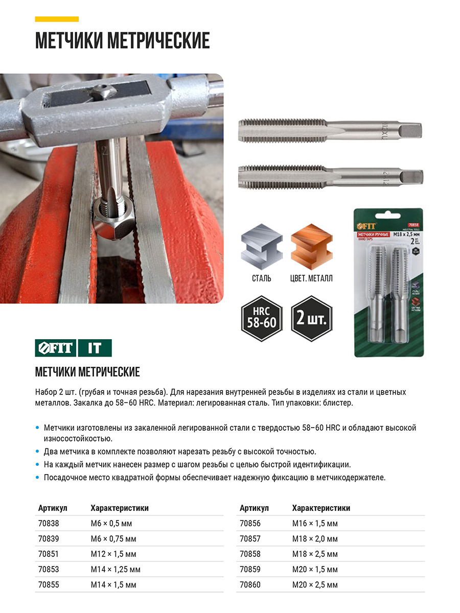 Метчики метрические, легированная сталь, набор 2 шт. М20х1,5 мм