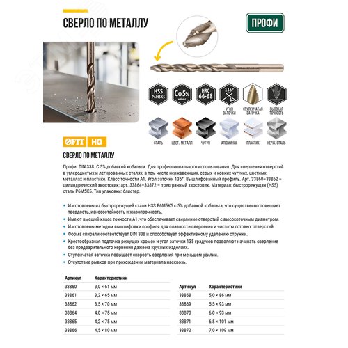 Сверло по металлу HSS, кобальт 5% Профи, ступенчатая заточка наконечника, блистер 6,0х93 мм ( 1 шт.) - фото 5