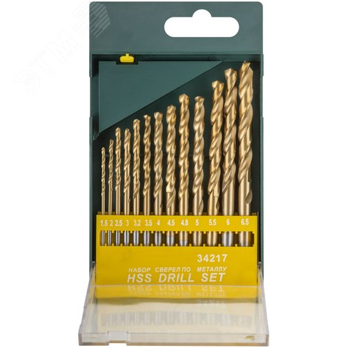 Изображение товара Набор сверл HSS по металлу, титановое покрытие, 13 шт (1.5-2-2.5-3-3.2-3.5-4-4.5-4.8-5-5.5-6-6.5 мм) (упак)