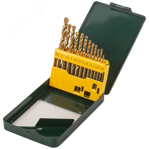 Набор сверл HSS по металлу, титановое покрытие, 13 шт. (1,5-6,5 мм), металлический бокс - фото 1
