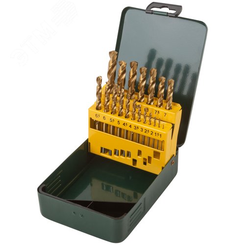 Изображение товара Набор сверл HSS по металлу, титановое покрытие, 19 шт. (1-10 мм), металлический бокс (шт)