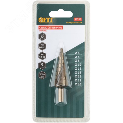 Сверло ступенчатое HSS Co5% ( Р6М5К5 ) по металлу, 10 ступеней, 9-36 мм - фото 3