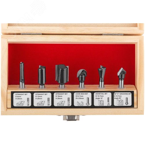 Изображение товара Фрезы по дереву кромочные, набор 6 шт, деревянный бокс, хвостовик 6 мм (шт)