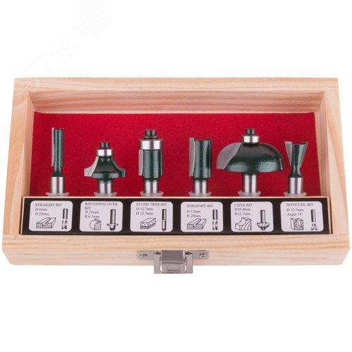 Изображение товара Фрезы по дереву кромочные, набор 6 шт, деревянный бокс, хвостовик 8 мм (шт)