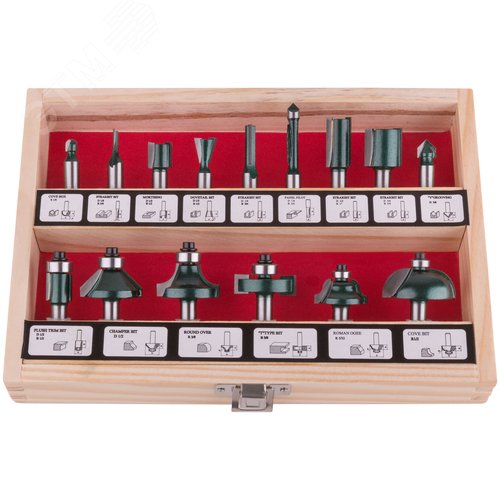 Изображение товара Фрезы по дереву кромочные, набор 15 шт, деревянный бокс, хвостовик 8 мм (шт)