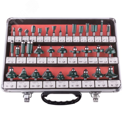 Изображение товара Фрезы по дереву кромочные, набор 35 шт, алюминиевый кейс, хвостовик 8 мм (шт)