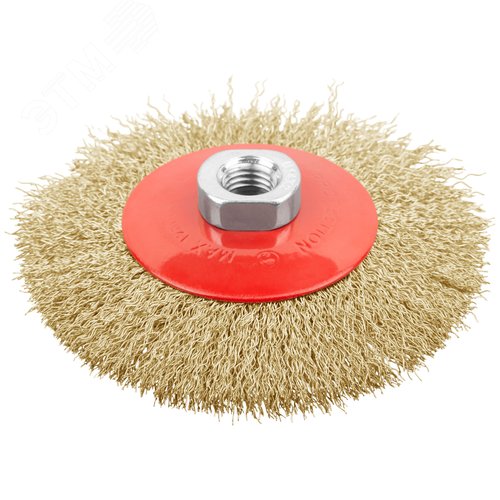 Изображение товара Кордщетка-колесо с наклоном, гайка М14, стальная волнистая латунированная проволока 115 мм (шт)