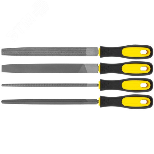 Изображение товара Напильники, прорезиненная ручка, набор 4 шт (трехгранный, плоский, круглый, полукруглый) 200 мм (шт)