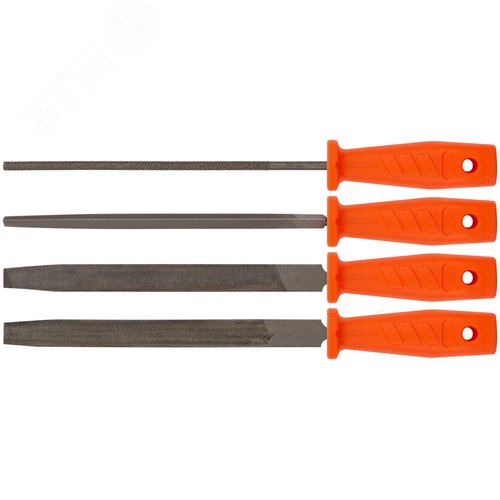 Изображение товара Напильники, пластиковая ручка, набор 4 шт (трехгранный, плоский, круглый, полукруглый) 200 мм (шт)