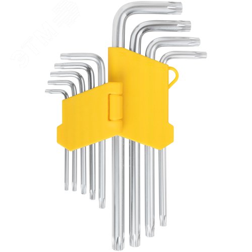 Ключи звездочки, CrV сталь, 9 шт., Т10-Т50, с отверстием, длинные, в пластиковом держателе - фото 1