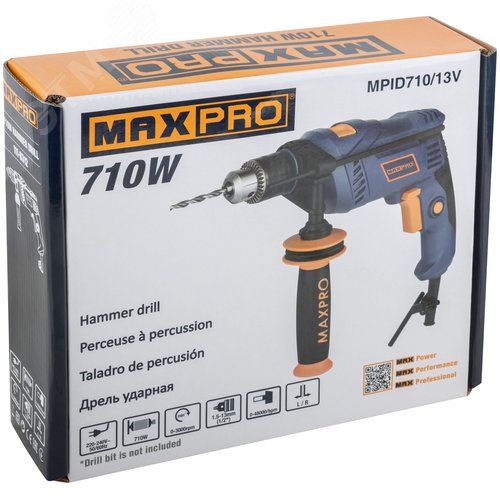 Дрель ударная 710 Вт,0-3000 об/мин,ключевой патрон 1,5-13 мм,2 кг,антивибрационная ручка,резиновые вставки,кор. - фото 3