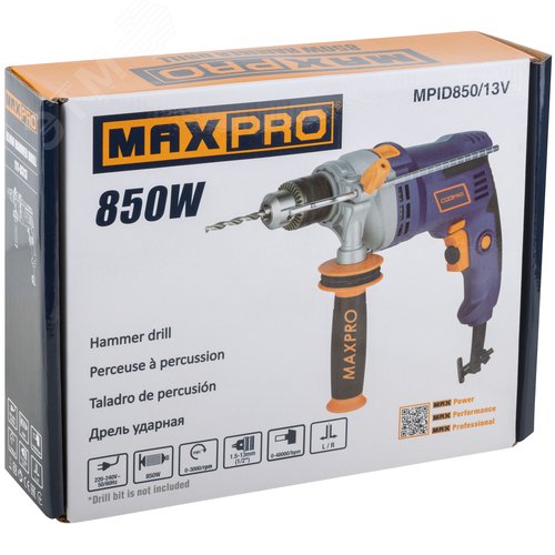 Дрель ударная 850 Вт,0-3000 об/мин,ключевой патрон 1,5-13 мм,2,4 кг,антивибрационная ручка,меалл. корпус редуктора,резиновые вставки,кор. - фото 3