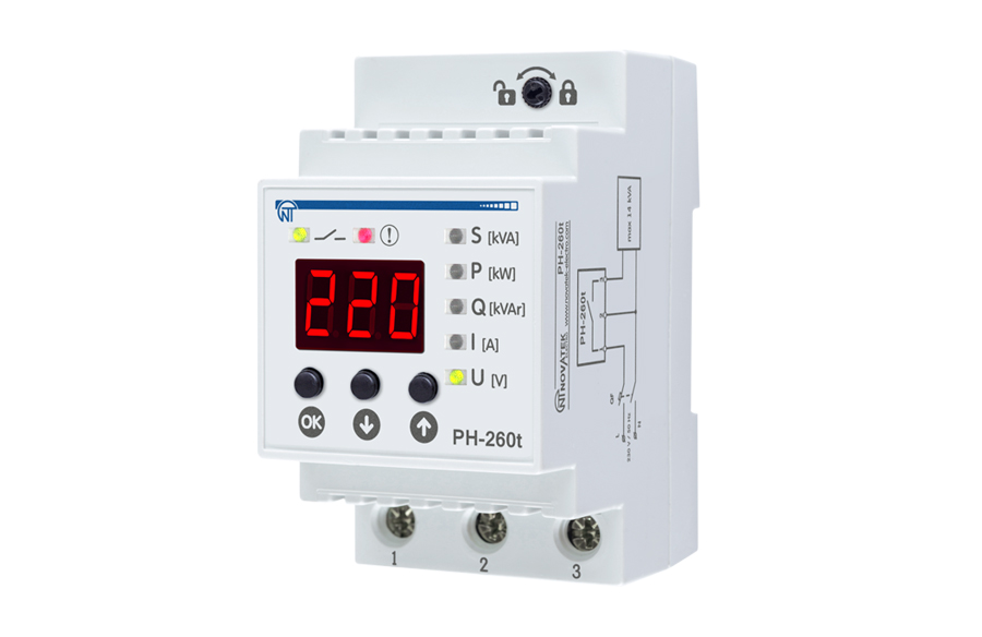 Реле напряжения РН-260Т 63А с термозащитой, ограничение тока,мощности 3 DIN