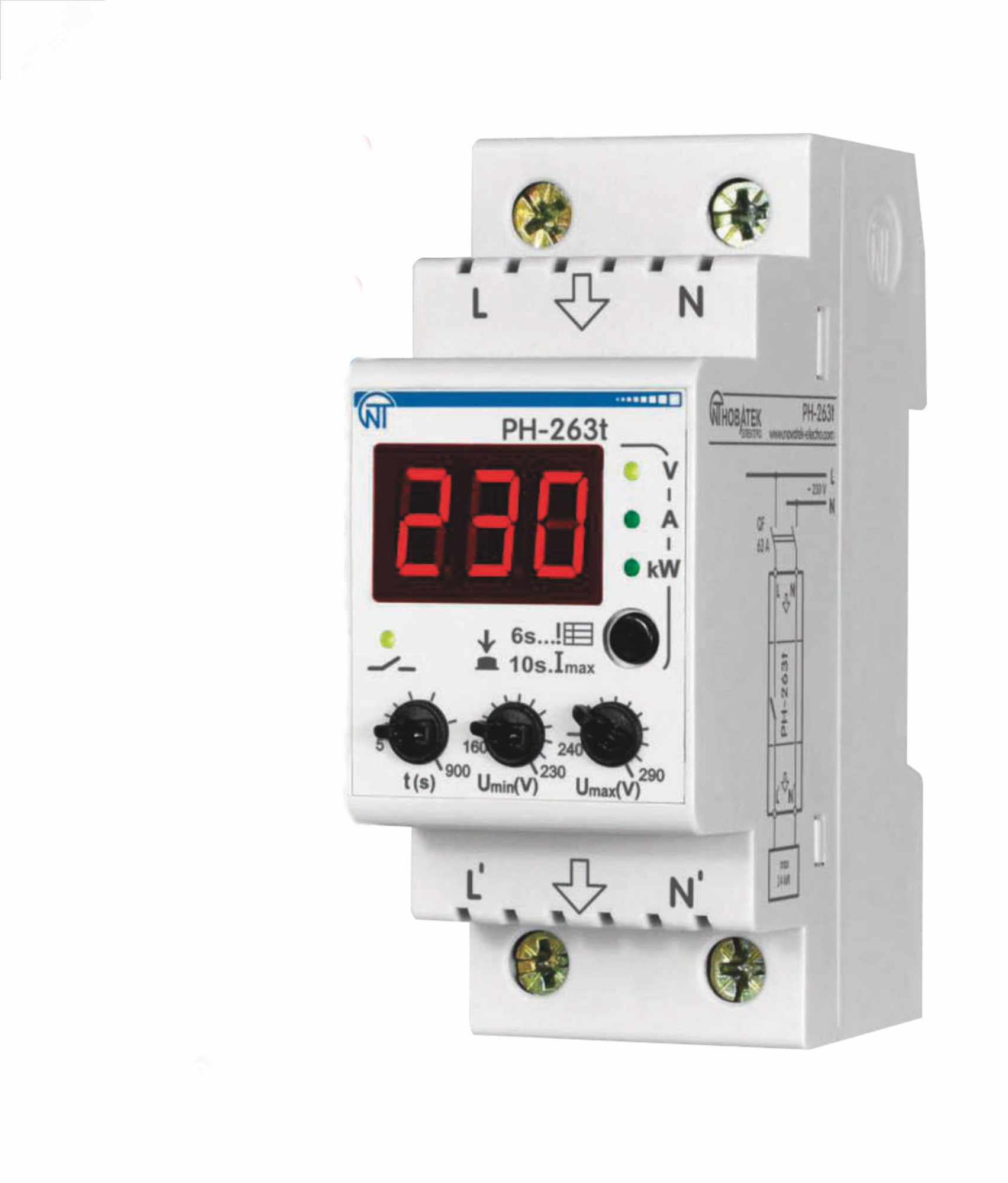 Реле напряжения РН-263Т 63А с термозащитой, ограничение тока, ( 2 DIN) 3425600263т Новатек-Электро - превью 2