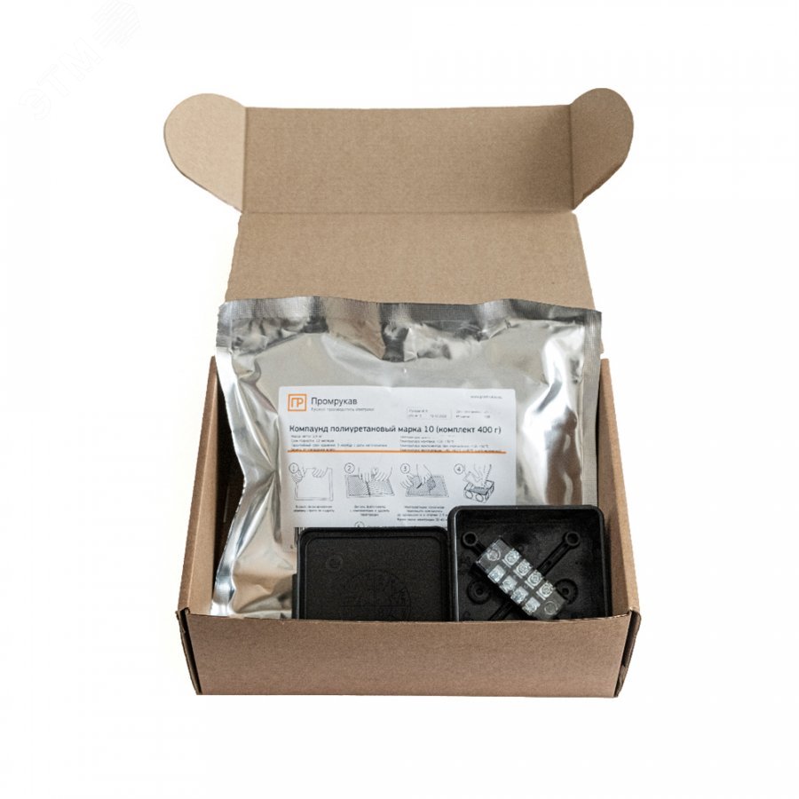 Изображение товара Коробка распределительная двухкомпонентная (HF) в комплекте с компаундом и с 4-кл. зажимами, сечение до 1,5 мм, 80х80х40 черная (шт)