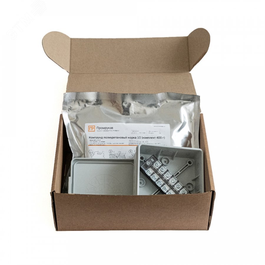 Изображение товара Коробка распределительная двухкомпонентная (HF) в комплекте с компаундом и с 6-кл. зажимами, сечение до 2,5 мм, 100х100х40 серая (шт)