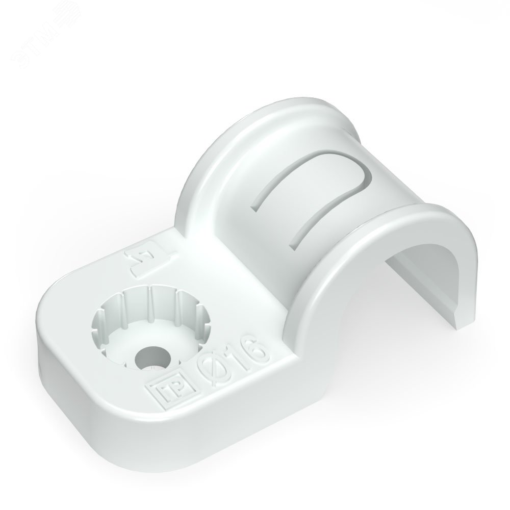 Изображение товара Крепеж-скоба пластиковая односторонняя для прямого монтажа белая в п/э д16 (50шт/750шт уп/кор) (шт)